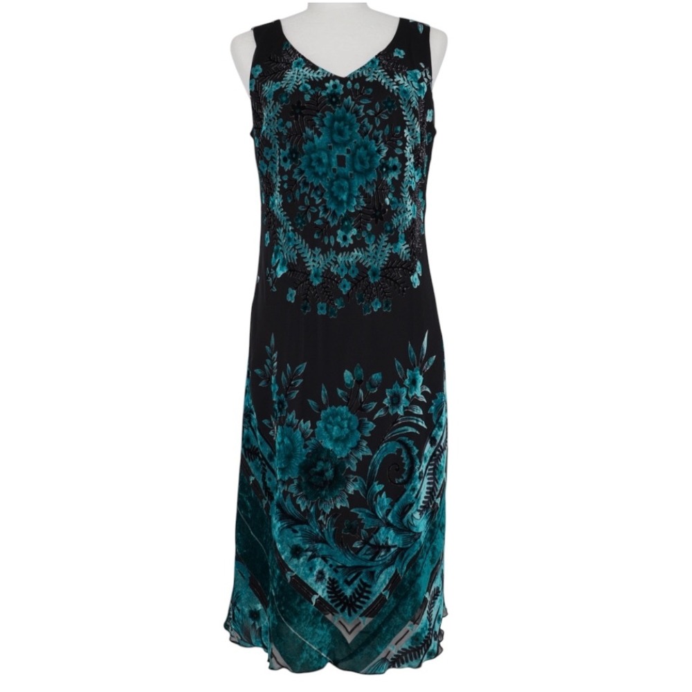 Vintage Y2K Women's Teal Black Burnout Velvet Floral V-Neck Sleeveless Dress 10